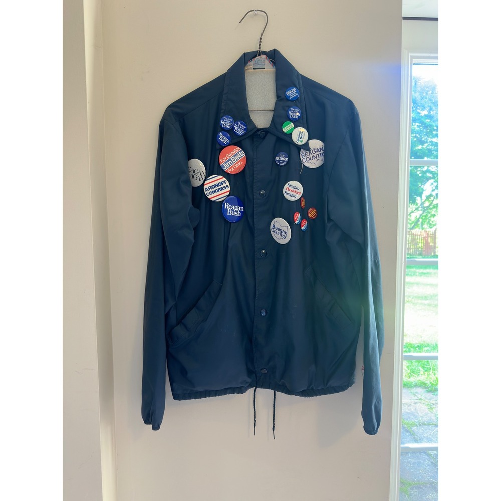 Vintage Sears Put-On Shop Coaches Jacket 80s Reagan Bush Campaign Buttons Sz M